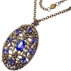 Antique Edwardian Revival Large Oval Filigree Pendant Necklace Blue Czech Glass?